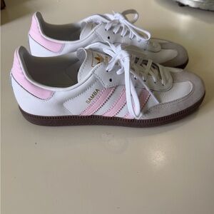 adidas Samba White Sneakers with Pink Stripes and Brown Sole
